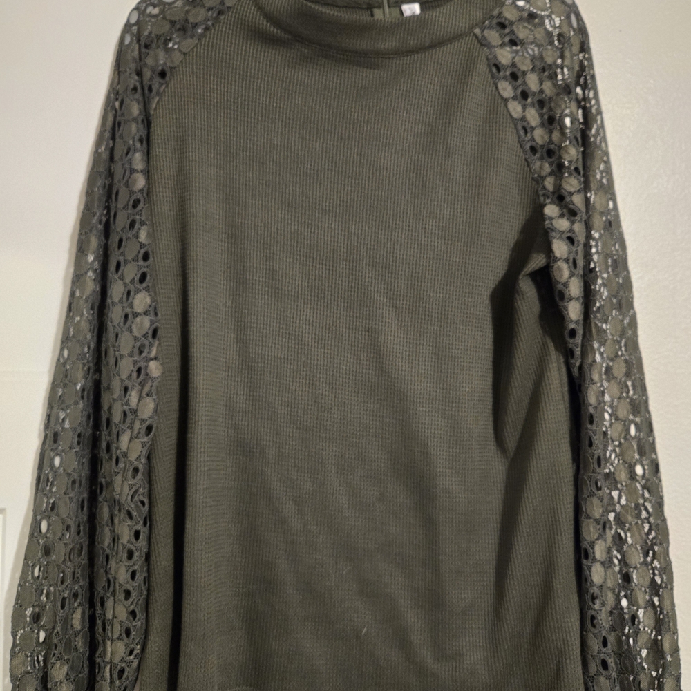 Olive Long Sleeve Top with Lace Sleeves